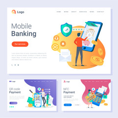 Mobile banking NFC payment and Qr codes scanning vector. Online web pages with text and people using smartphones to pay in stores technology innovation, flat style