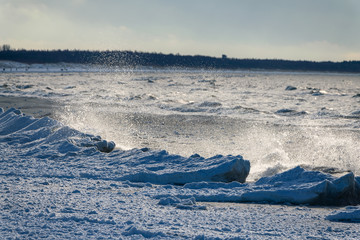 Wall Mural - Icy Baltic sea coast in winter at Liepaja city, Latvia.