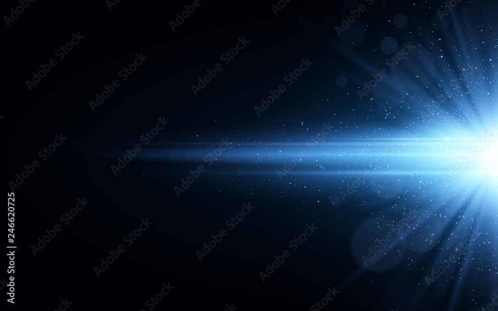 Stylish blue light effect isolated on black background. Flying glowing glitters. Glowing star with sparkles. Illumination lines. Vector illustration - obrazy, fototapety, plakaty 