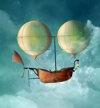 Fantasy Steampunk Vessel Flies In A Blue Sky - 3D Illustration