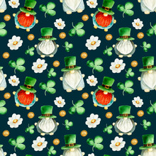 Dwarves In Green Hats And White Flowers, Shamrock, Watercolor Seamless Pattern On Dark Blue Background