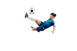© master1305 - Young boy with soccer ball doing flying kick, isolated on white. football soccer players in motion on studio background. Fit jumping boy in action, jump, movement at game.