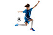 © master1305 - Young boy with soccer ball doing flying kick, isolated on white. football soccer players in motion on studio background. Fit jumping boy in action, jump, movement at game.