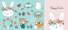 Happy Easter Card - Cute Bunny, Eggs, Birds And Flowers Elements, Vector Illustration