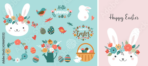 Fotomural Happy Easter card - cute bunny, eggs, birds and flowers elements, vector illustr