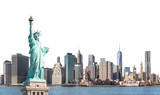 Fototapeta  - The Statue of Liberty with high-rise building in Lower Manhattan, New York City, isolated with clipping path