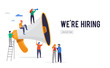 Join our team, we are hiring image, concept vector illustration of a group of young people with giant speech bubbles