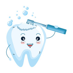 Sticker - comic tooth with toothbrush kawaii character