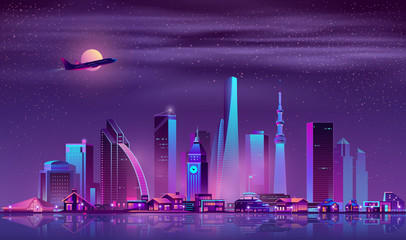 Wall Mural - Modern metropolis night landscape with illuminated vintage and futuristic architecture buildings in city business center, luxury cottages or villas on quay, airliner flying in sky neon cartoon vector