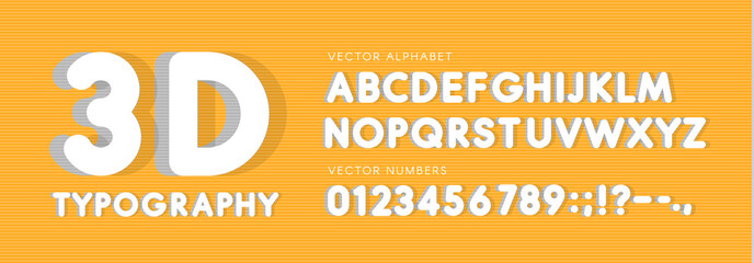 Poster - 3D rounded vector letters and numbers set. Big headline style latin alphabet. White voluminous vector font. ABC with shadows. Monogram and poster template. Typography design.