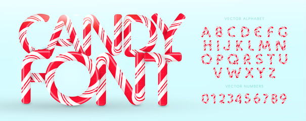 Poster - Candy font. Vector alphabet and numbers. Sweet candy, lollipop latin letters. White letters with red stripes. Circus and clown monogram and poster template. Typography design.