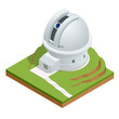 Isometric astronomical observatory dome. Astronomical telescope tube and cosmos. Vector illustration