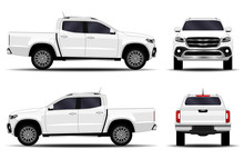 Realistic Car. Truck, Pickup. Front View; Side View; Back View.