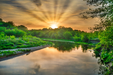 Wall Mural - sunset over river
