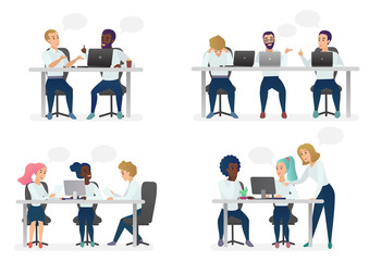 Poster - Men and women people sitting, working at desk and standing in modern office, working at computers and talking with colleagues. Coworking center teamwork cartoon vector illustration.