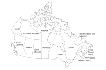 Poster - Map of Canada divided into 10 provinces and 3 territories. Administrative regions of Canada. White map with black outline and black region name labels. Vector illustration