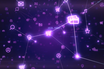 Poster - Background of randomly moving network and internet related things. Online shopping, social networks, connections, global connections. 3d illustration