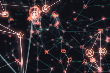 Poster - Background of randomly moving network and internet related things. Online shopping, social networks, connections, global connections. 3d illustration