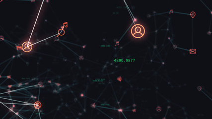 Poster - Background of randomly moving network and internet related things. Online shopping, social networks, connections, global connections. 3d illustration