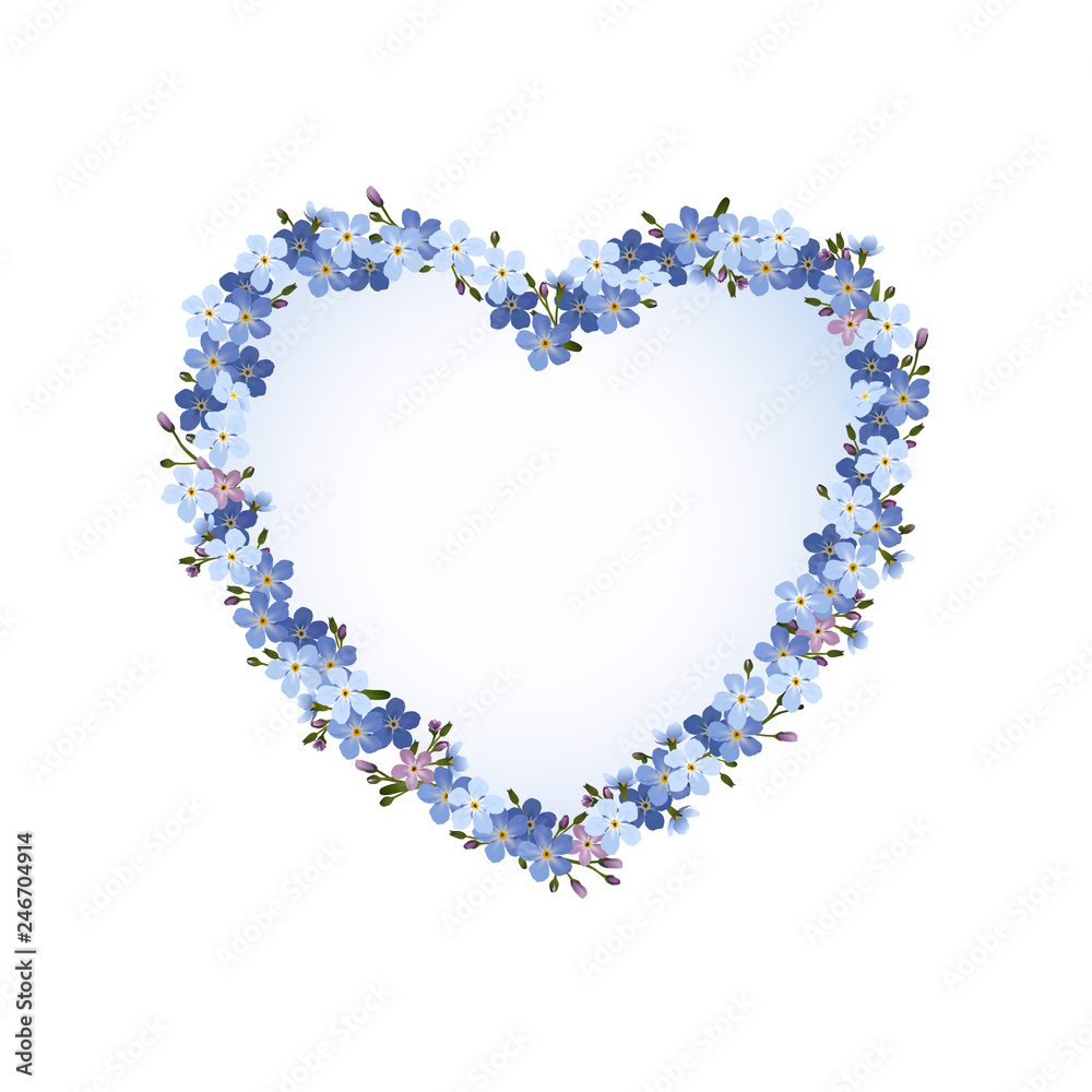 Herz mit Vergissmeinnicht Blumen, Blanko nostalgische Karte, Vektor Illustration isoliert auf weißem Hintergrund Stock Vector