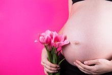 Pregnant Woman Is Holding Tender Bouquet Of Tulips In Her Hand Near Belly On Pink Background.