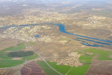 Wall Mural - Beautiful aerial view of Bratislava. Capital of Slovakia republic cityscape from airplane. Danube river panoramic landscape