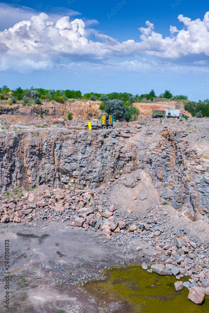 Spectacular view of quarry open pit mining of granite stone. Process ...