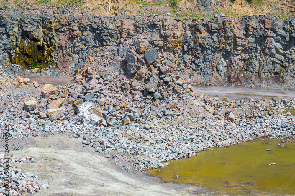 Quarry Def Spectacular view of quarry open pit mining of granite stone. Process ...