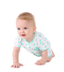 Sticker - Cute little baby crawling on white background