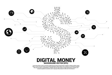 Poster - Vector money dollar icon from dot connect line circuit board style. Concept for financial network connection.