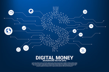 Poster - Vector money dollar icon from dot connect line circuit board style. Concept for financial network connection.