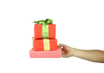 Hand of man holding a gift box on white background and have clipping paths.