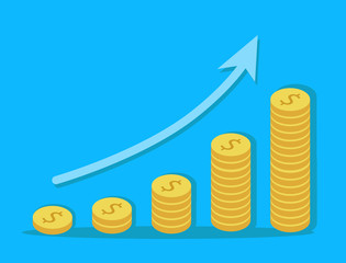 New Flat cartoon pile of cash and dollar coin. Profit,benefits money or budget,rising graph arrow up,business success concept,economic and market growth,investment revenue,capital earnings.