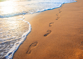 Wall Mural - beach, wave and footprints at sunset time