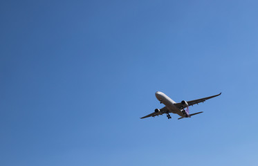 scenery of airplane flying in clear blue sky of sunny day. the best way of transportation in modern 