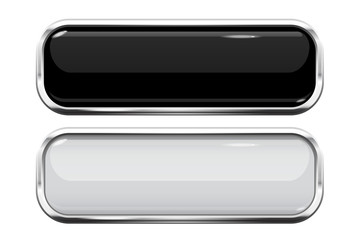 Black and white glass buttons. Web 3d shiny rectangle icons with chrome frame