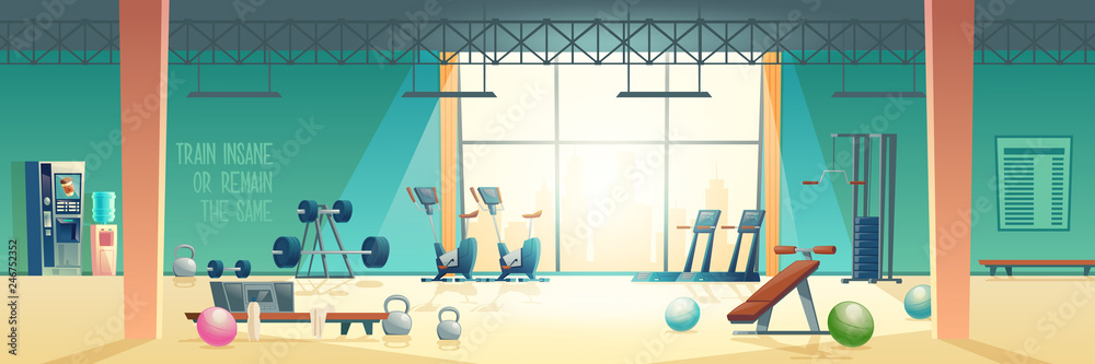 City sport club empty interior cartoon vector. Various fitness equipment and machines for body workout and exercises with weights in spacious gym illustration. Active and healthy lifestyle background - obrazy, fototapety, plakaty 