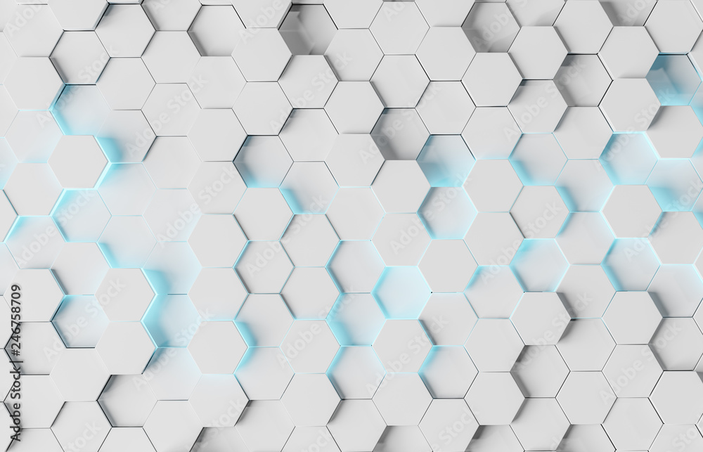White and blue hexagons background pattern 3D rendering - obrazy, fototapety, plakaty 