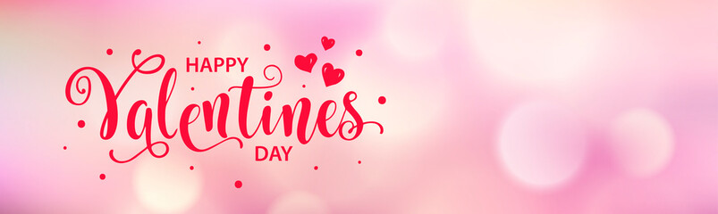 Wall Mural - Happy Valentines Day web card, banner. Beautiful lettering calligraphy red text with heart typography poster. Calligraphy inscription boke blurred pink background. Vector illustration for website