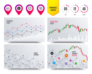 Wall Mural - Financial planning charts. Check or Tick icon. Phone call and Information signs. Support communication chat bubble symbol. Cryptocurrency stock market graphs icons. Trendy design. Vector