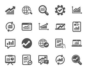 Aufkleber - Analytics, Statistics icons. Set of Chart, Report document and Graph icons. Data analytics, Presentation chart and Communication. Global Statistics, hold document and checklist report. Vector