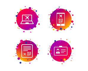 Poster - QR scan code in smartphone icon. Boarding pass flight sign. Identity ID card badge symbol. Gradient circle buttons with icons. Random dots design. Vector