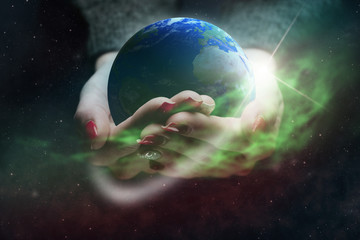 Poster - Protect our world in woman hands and toxic nebula dust. Mixed media.