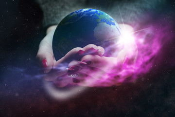 Poster - Protect our world in woman hands and nebula dust. Mixed media.