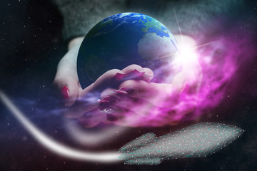 Poster - Protect our world in woman hands and rocket.  Nebula dust. Mixed media.