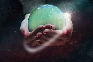 Poster - Protect our world in woman hands and green network. Mixed media.