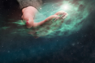 Poster - Woman holding in palm Social connection technologies. Nebula dust. Mixed media.