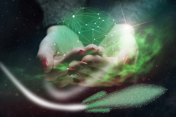 Poster - Woman holding in palm Social connection technologies. Nebula dust. Mixed media.