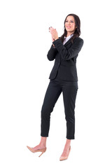 Wall Mural - Excited happy business woman clapping hand and congratulating looking away. Full body isolated on white background. 