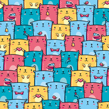 Cute Colorful Cats Seamless Pattern. Kawaii Characters, Hand Drawn Style. Design For Print (apparel, Wrapping Paper, Background, Poster)